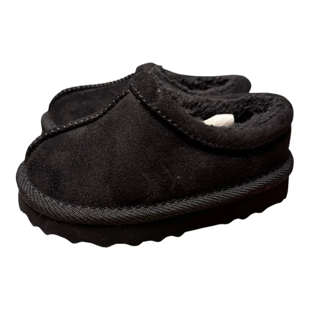 Kids Black Suede Like Slippers Size 5 Faux Fur Lined‎ Slip On House Shoes SU